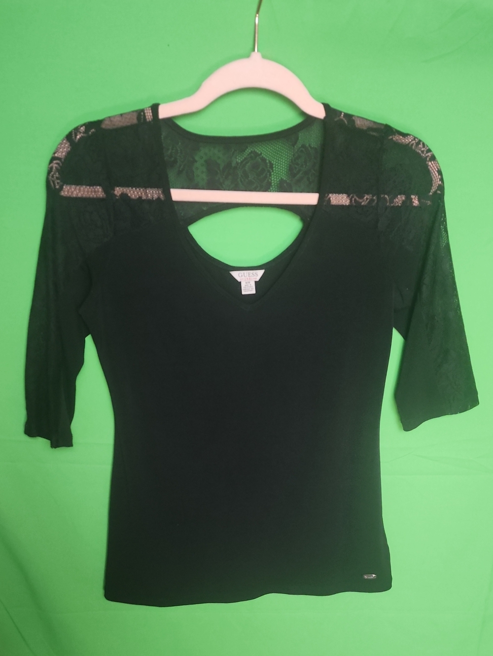VTG GUESS Black Open Back Lace Knit 3/4 Sleeve Scoop Neck Top Y2K Medium